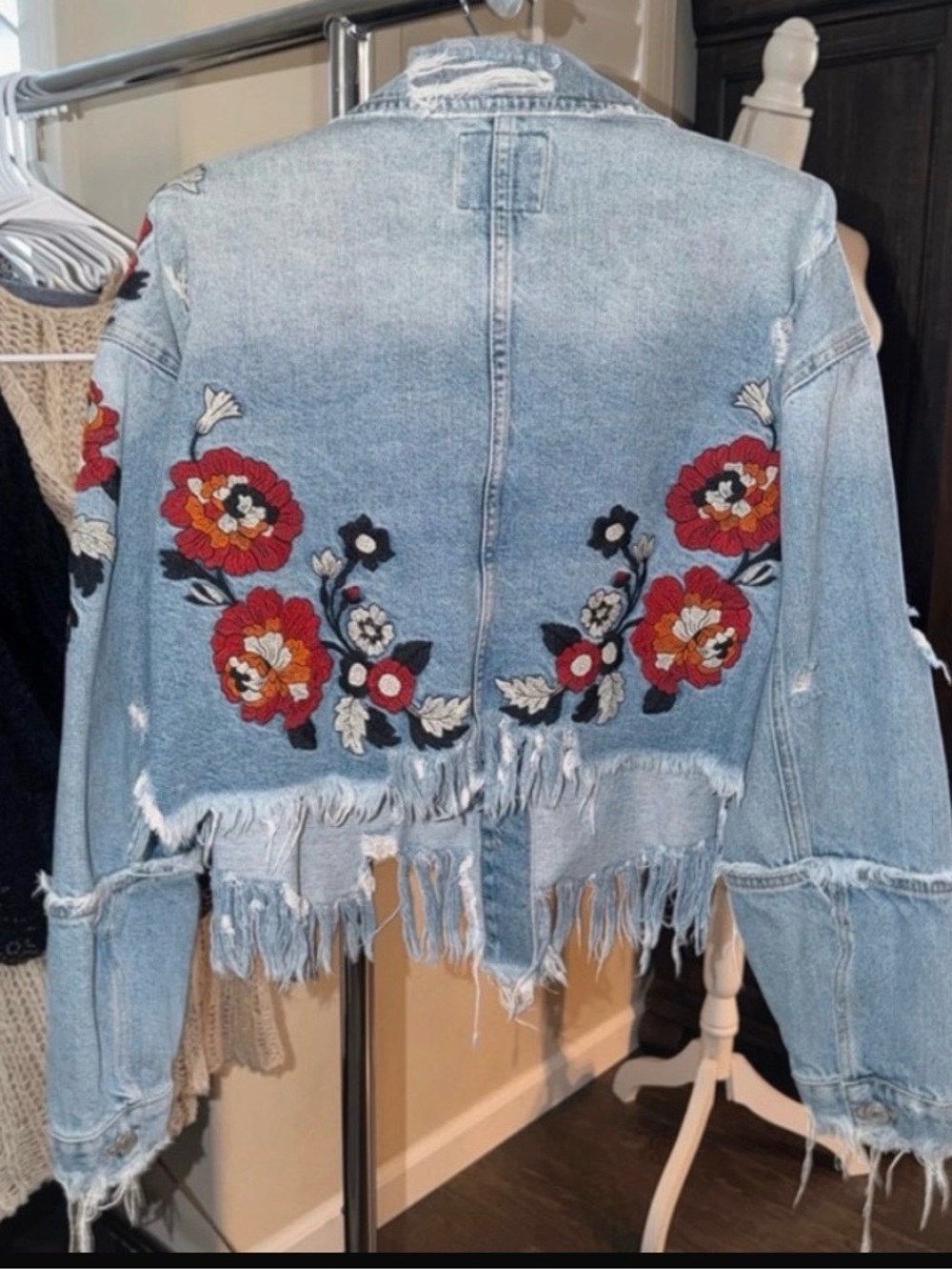 Zara Denim Distressed Cropped Jacket with Floral Embroidery -S/M